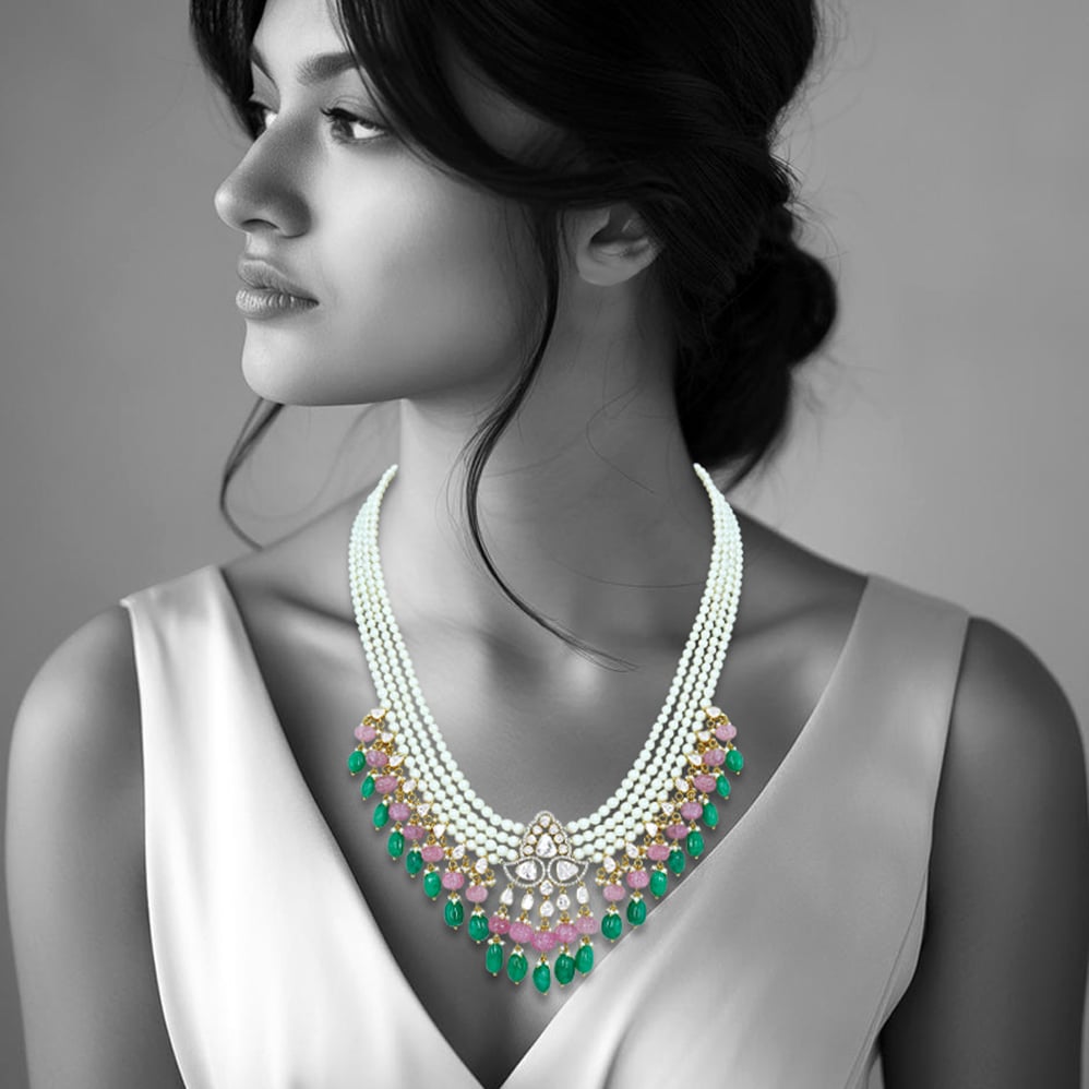 Layered Pearl Necklace with Polki, Emerald, and Rose Quartz Beads